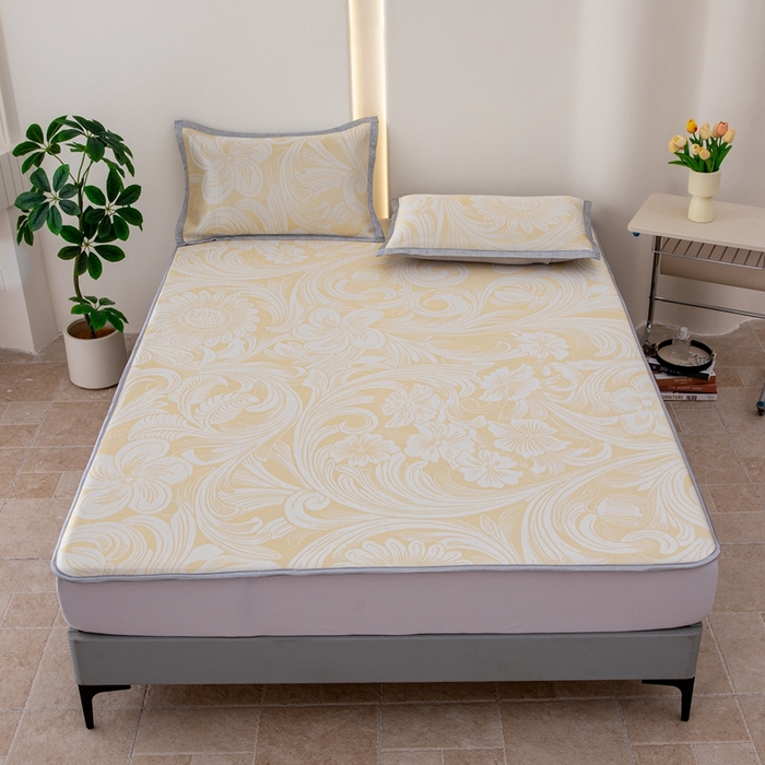 91家纺网 家纺一手货源 找家纺 凌云家纺  2025新款提花凉感冰丝席床笠款三明治凉席三件套 萱花-金