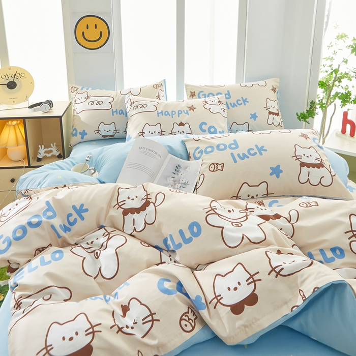 91家纺网 家纺一手货源 找家纺 黛妮雅 2025新款AB版全棉印花单被套床单枕套 幸运猫咪