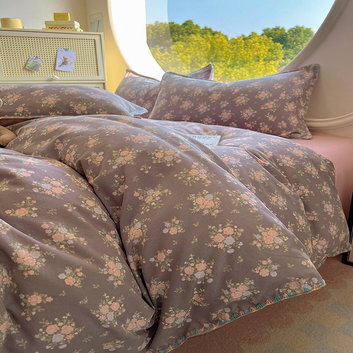 91家纺网 家纺一手货源 找家纺 葡萄家 2025爆款高克重彩色三角针A类针织双层纱四件套 提供买家秀 茉福灰