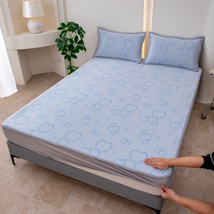 凌云家纺  2025新款提花凉感冰丝席床笠款三明治凉席三件套 心海-蓝