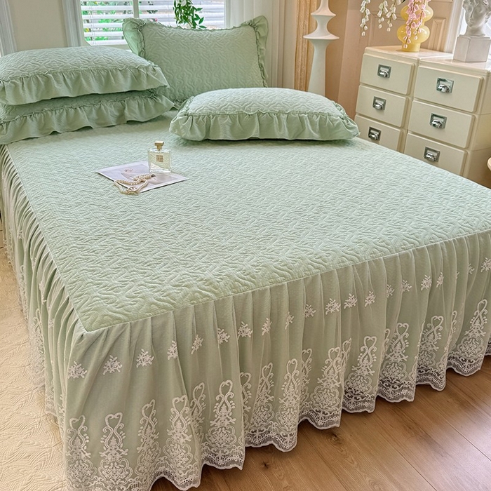 91家纺网 家纺一手货源 找家纺 2025新款A类华夫格大豆棉床裙四件套-梦幻花园 梦幻花园-绿