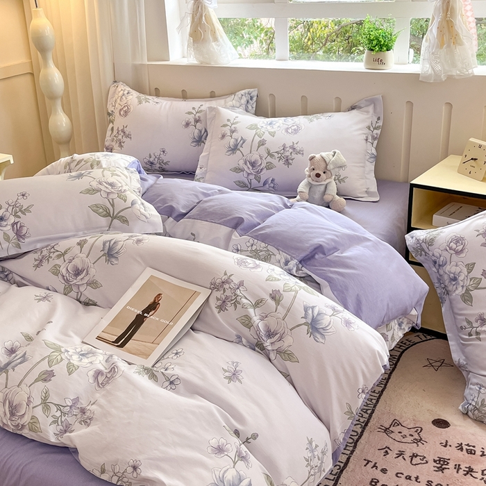 91家纺网 家纺一手货源 找家纺 大吉 2025新款100全棉纯棉喷气小清新被套四件套纯棉三件套床笠四件套单被套单枕套 紫韵