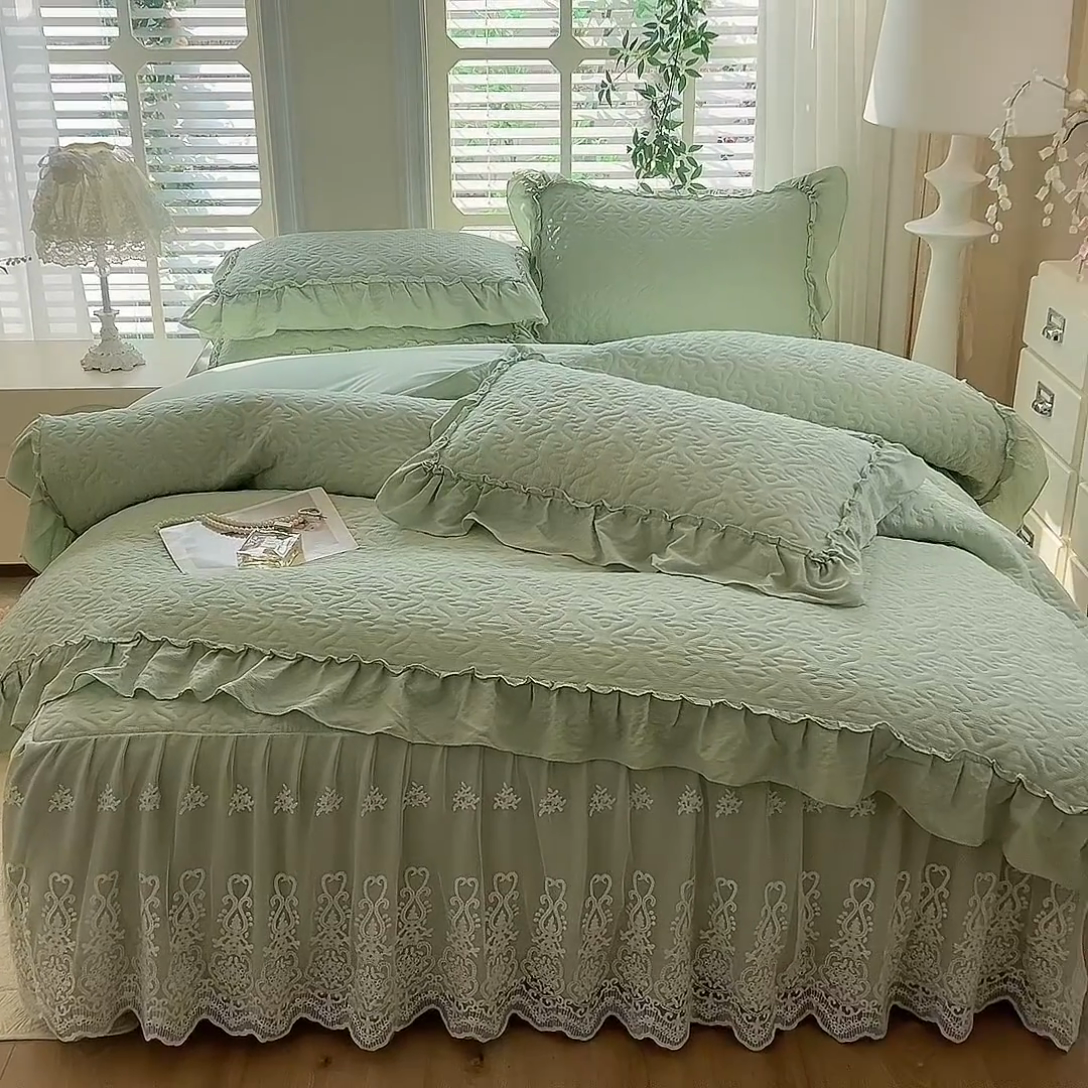 91家纺网 家纺一手货源 找家纺 2025新款A类华夫格大豆棉床裙四件套-梦幻花园 梦幻花园-绿