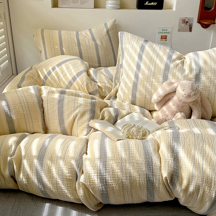 91家纺网 家纺一手货源 找家纺 田野2025新款全棉皱皱纱四件套 时予-黄灰