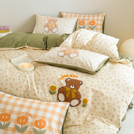 花言狐语 2025新款13372全棉印花毛巾绣四件套（提供买家秀） 花丛小熊