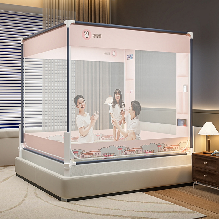 91家纺网 家纺一手货源 找家纺 青竹苑 2025新款围栏支架口袋款坐床防摔蚊帐 兔兔小镇