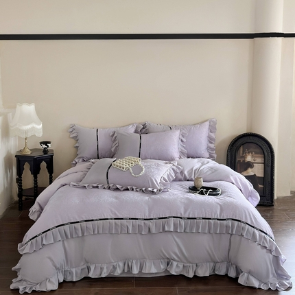 91家纺网 家纺一手货源 找家纺 豪美鑫 2025新款亲肤棉法式花边四件套-花语 花语 紫
