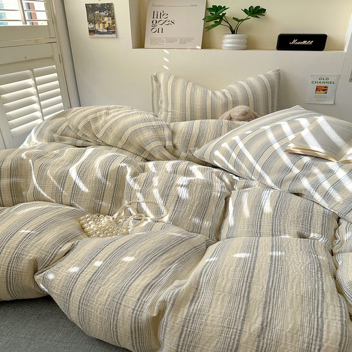 91家纺网 家纺一手货源 找家纺 田野2025新款全棉皱皱纱四件套 半夏-蓝