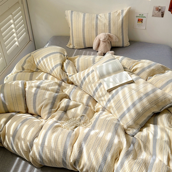 91家纺网 家纺一手货源 找家纺 田野2025新款全棉皱皱纱四件套 时予-黄灰