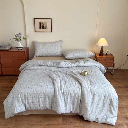 曲之慕2025新款A类母婴级有氧全棉纯棉双层纱印花四件套 韩系小熊-兰