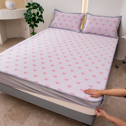 凌云家纺  2025新款提花凉感冰丝席床笠款三明治凉席三件套 甜心-粉