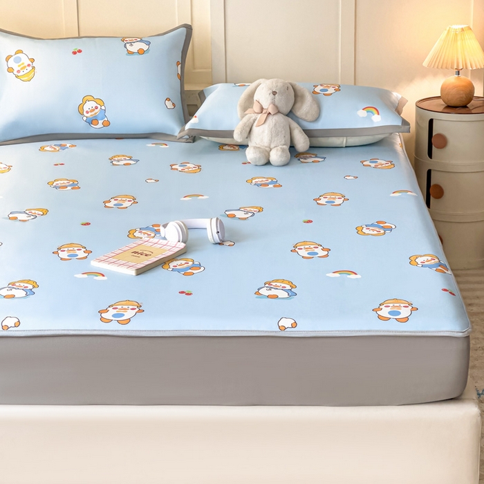 91家纺网 家纺一手货源 找家纺 富馨莱 2025新款床笠款冰藤印花凉席A类抗菌冰丝席支持定制尺寸 开心鸭