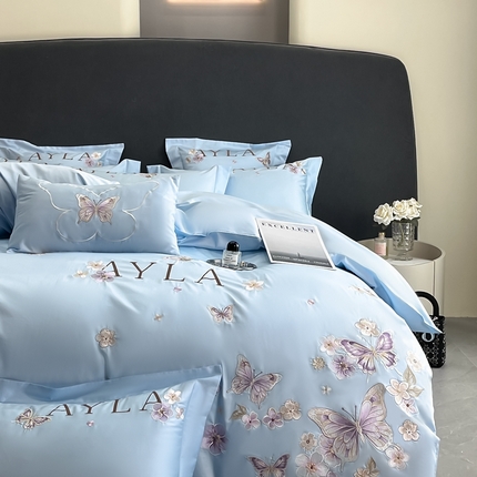 91家纺网 家纺一手货源 找家纺 2025新款纯棉绣花四件套-蝶语（控价劵后218（严格按控价来） 天蓝