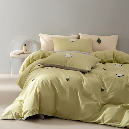 Mr.pig猪先生水洗棉 2025新款水洗棉毛巾绣四件套 羊咪咪-豌豆灰