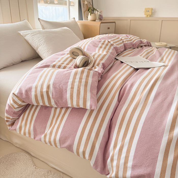 91家纺网 家纺一手货源 找家纺 首爱家纺 2025新款色织老粗布四件套全棉四件套纯棉四件套 粉恋