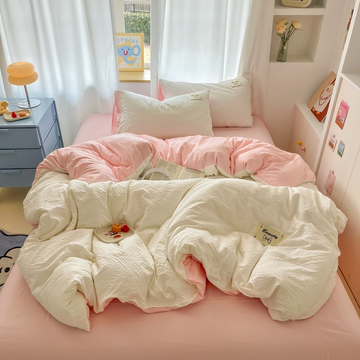 91家纺网 家纺一手货源 找家纺 （总）桃心家居 2025新款A类韩系亲肤软糯甜格泡泡水洗棉撞色奶呼呼织标蝴蝶少女四件套