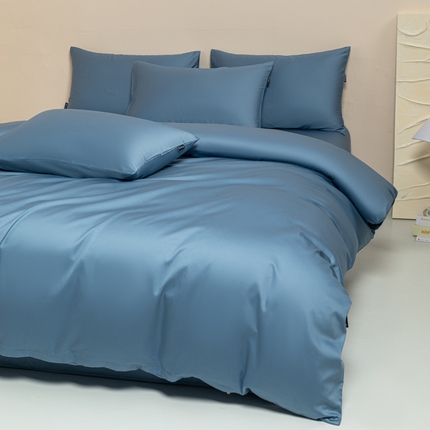 舒慕家纺 2025新款100s高支贡缎长绒棉纯色四件套双拼四件套（送包装） 北欧蓝