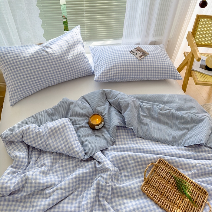 91家纺网 家纺一手货源 找家纺 2025新款无印风夏被 蓝小格