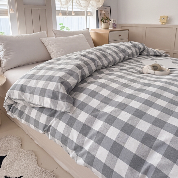 91家纺网 家纺一手货源 找家纺 首爱家纺 2025新款色织老粗布四件套全棉四件套纯棉四件套 棋盘