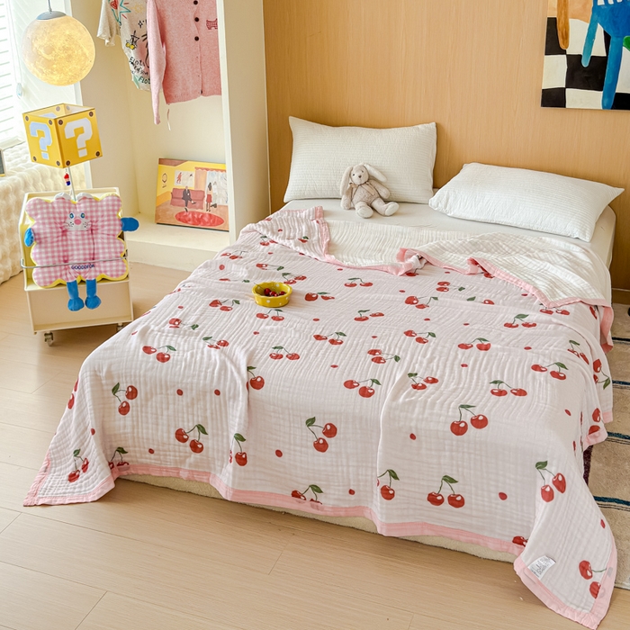 91家纺网 家纺一手货源 找家纺 乐家毛巾被2025新款全棉六层一体超柔泡泡纱多功能毯 小樱桃