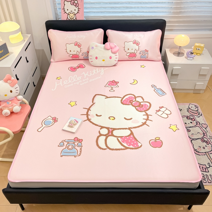 91家纺网 家纺一手货源 找家纺 暮思家居 2025新款正版授权A类大版数码印花三丽鸥可机洗1200D冰丝凉席可组合针织棉夏被四件套床笠款 床笠款-晚安KT