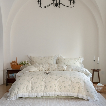 91家纺网 家纺一手货源 找家纺 （总）尺素 2025新款全棉碎花韩式花边款纯棉四件套纯色加大床单1.8床笠法式大花边被套枕套