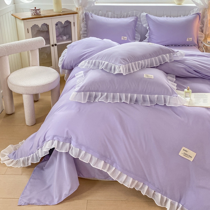 91家纺网 家纺一手货源 找家纺 红日子纺织品 2025新款韩版华夫格水洗棉四件套 香芋紫