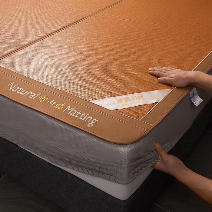 91家纺网 家纺一手货源 找家纺 卡罗兰 2025新款藤席凉席三件套床单床笠黄金藤系列 黄金藤经典咖-床笠