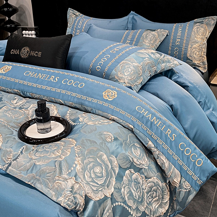 91家纺网 家纺一手货源 找家纺 （总）富宁2025新款浮雕金丝提花刺绣夏被四件套-恋花