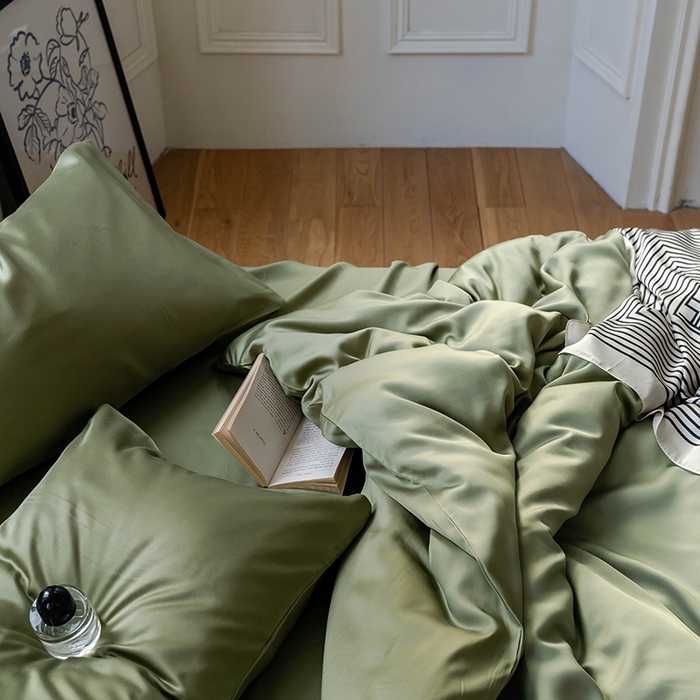 91家纺网 家纺一手货源 找家纺 2025新款60支兰精天丝轻奢纯色双拼四件套 欧芹绿