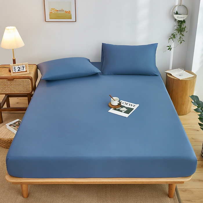 91家纺网 家纺一手货源 找家纺 艾橙家纺 2025新款正宗133x72喷气织造全棉纯棉纯色床笠三件套 牛仔蓝