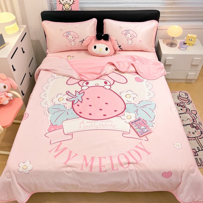 91家纺网 家纺一手货源 找家纺 暮思家居 2025新款正版授权A类大版数码印花三丽鸥可机洗1200D冰丝凉席可组合针织棉夏被四件套床笠款 床笠款-粉兔美乐蒂