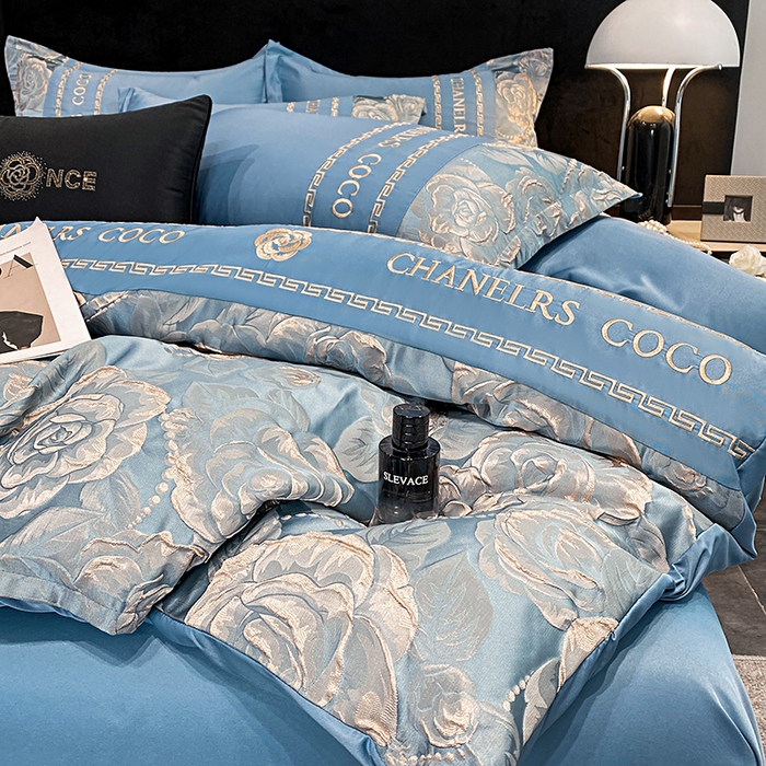 91家纺网 家纺一手货源 找家纺 富宁2025新款浮雕金丝提花刺绣四件套-恋花 青丘蓝