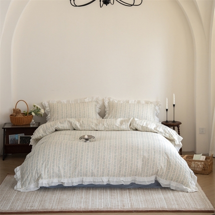 91家纺网 家纺一手货源 找家纺 （总）尺素 2025新款全棉碎花韩式花边款纯棉四件套纯色加大床单1.8床笠法式大花边被套枕套