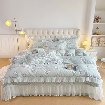 宜凡家纺2025新款雪纺花边印花夹棉床盖三件套四件套 江南 绿