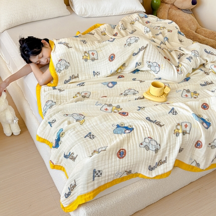 乐家毛巾被2025新款全棉六层一体超柔泡泡纱多功能毯 卡通车