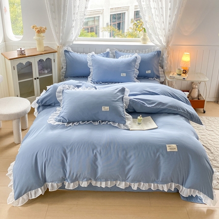 红日子纺织品 2025新款韩版华夫格水洗棉四件套 冰峰蓝