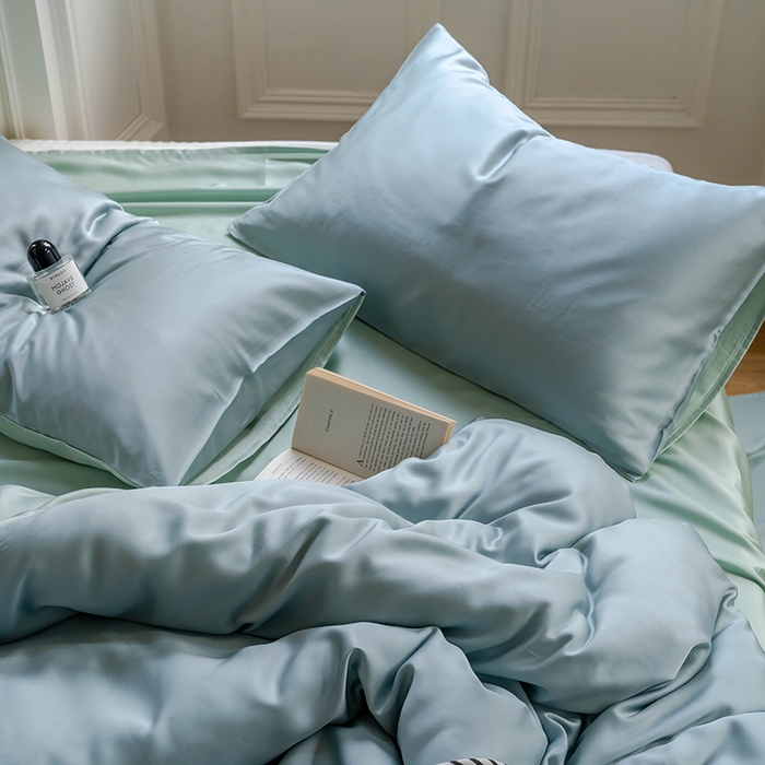 91家纺网 家纺一手货源 找家纺 2025新款60支兰精天丝轻奢纯色双拼四件套 天空蓝-浅艾绿