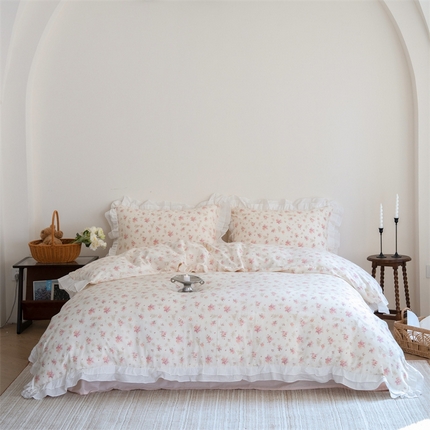 91家纺网 家纺一手货源 找家纺 （总）尺素 2025新款全棉碎花韩式花边款纯棉四件套纯色加大床单1.8床笠法式大花边被套枕套