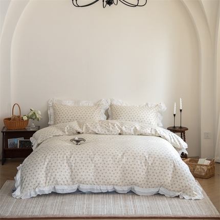 91家纺网 家纺一手货源 找家纺 （总）尺素 2025新款全棉碎花韩式花边款纯棉四件套纯色加大床单1.8床笠法式大花边被套枕套