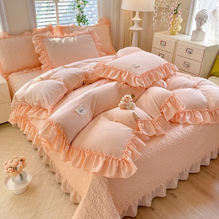 91家纺网 家纺一手货源 找家纺 花香四季家纺 2025新款泡芙小姐双层纱华夫格柔棉夹棉绗缝床盖单件三件四件套 泡芙小姐-玉