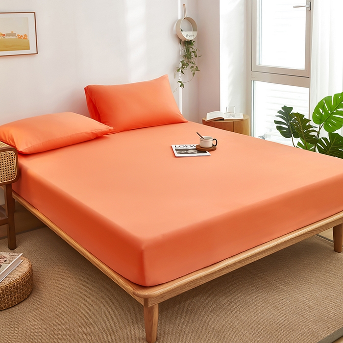 91家纺网 家纺一手货源 找家纺 艾橙家纺 2025新款正宗133x72喷气织造全棉纯棉纯色床笠三件套 桔色