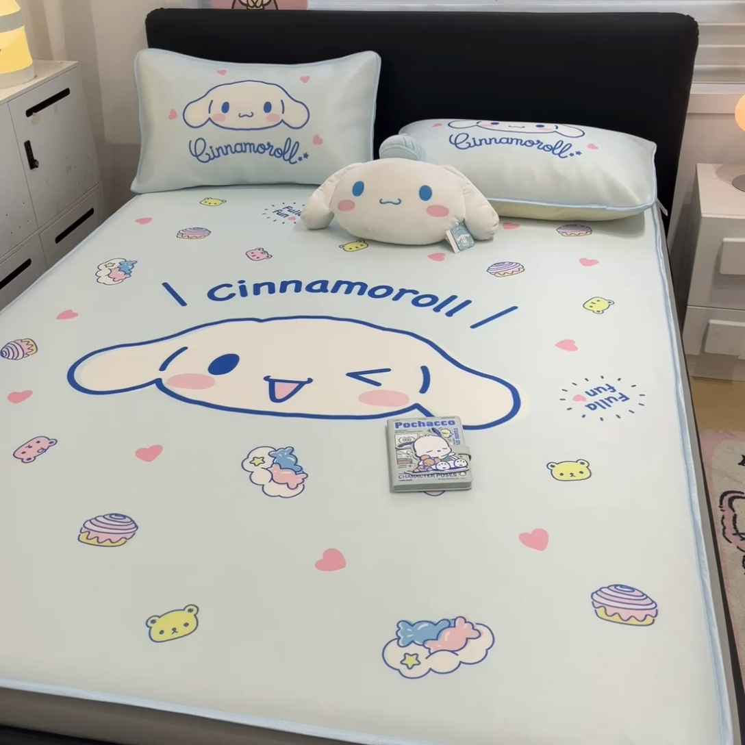 91家纺网 家纺一手货源 找家纺 暮思家居 2025新款正版授权A类大版数码印花三丽鸥可机洗1200D冰丝凉席可组合针织棉夏被四件套床笠款 床笠款-开心玉桂狗