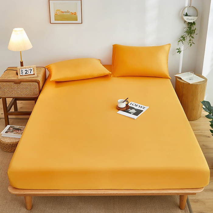 91家纺网 家纺一手货源 找家纺 艾橙家纺 2025新款正宗133x72喷气织造全棉纯棉纯色床笠三件套 香槟黄