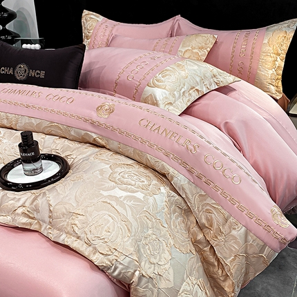 富宁2025新款浮雕金丝提花刺绣四件套-恋花 气质粉