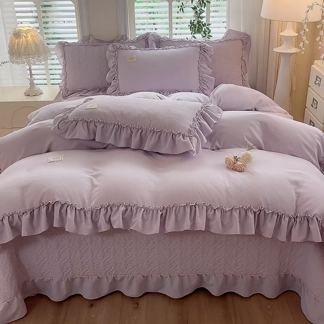 91家纺网 家纺一手货源 找家纺 花香四季家纺 2025新款泡芙小姐双层纱华夫格柔棉夹棉绗缝床盖单件三件四件套 泡芙小姐-紫
