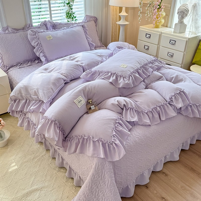 91家纺网 家纺一手货源 找家纺 花香四季家纺 2025新款泡芙小姐双层纱华夫格柔棉夹棉绗缝床盖单件三件四件套 泡芙小姐-紫