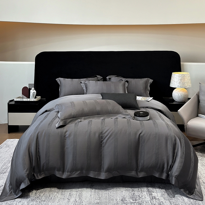 91家纺网 家纺一手货源 找家纺 若未家居 LOVEWE HOUSE 2025新款50S兰精天丝轻奢基底提花带银丝套件- 亦梵 亦梵-黑色