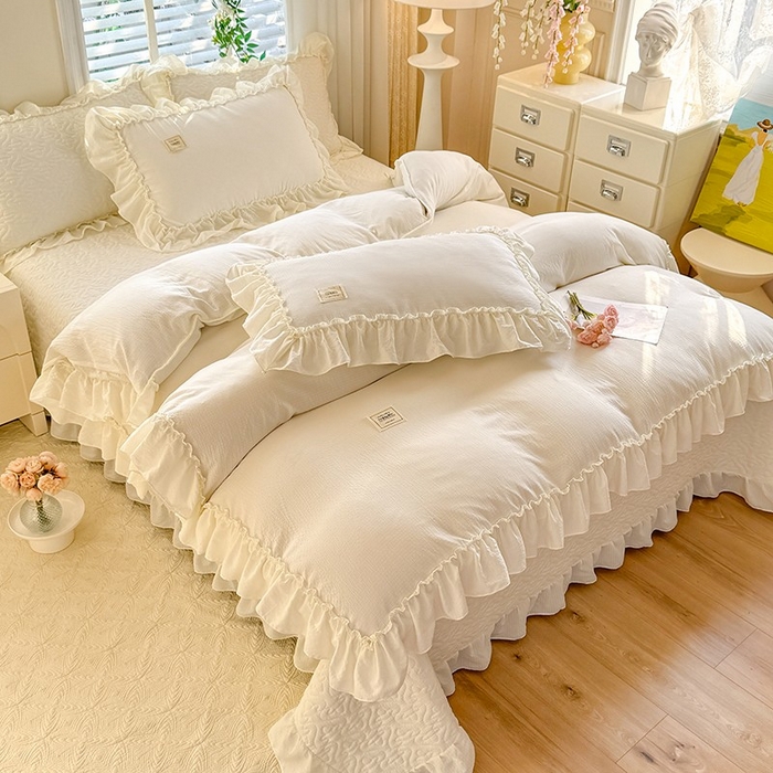 91家纺网 家纺一手货源 找家纺 （总）花香四季家纺 2025新款泡芙小姐双层纱华夫格柔棉夹棉绗缝床盖单件三件四件套