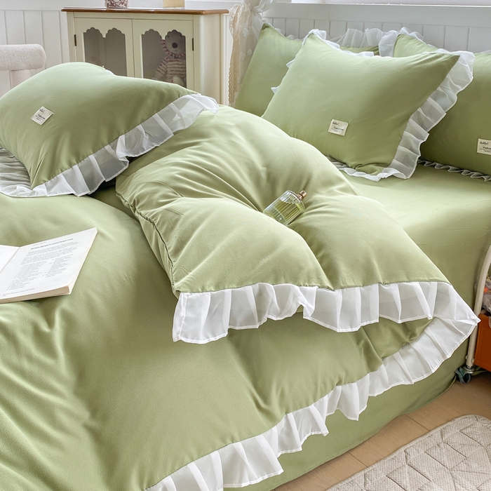 91家纺网 家纺一手货源 找家纺 红日子纺织品 2025新款韩版华夫格水洗棉四件套 果绿